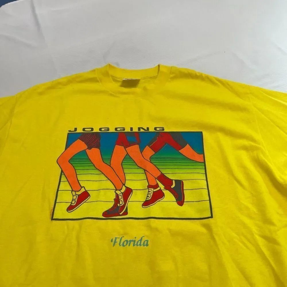 Jogging Florida Vintage Bright Yellow Single Stitch T-Shirt Size XL